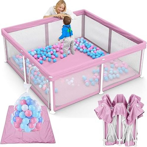 TOREVSIOR Foldable Baby Playpen with Mat, 50"×50" Foldable Playpen for Babies and Toddlers, Indoor & Outdoor Kids Safety Play Pen, Portable Play Yard, Foldable Baby Playpen with 50 Ocean Balls