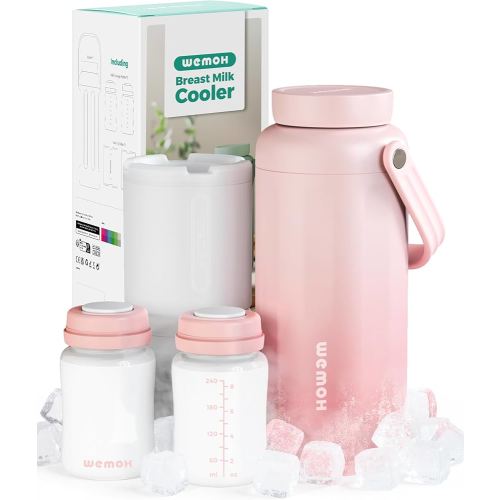 WEMOH Breast Milk Cooler Bottle - 12H+ Ice-Cold/24H Safe Storage, Compatible with Spectra Pumps, TSA Approved Travel Chiller, 18oz (2x9oz) Lightweight Leakproof Container for Work, Pink