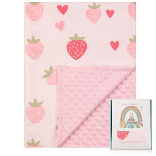 VivaCozy Baby Blankets for Girls Boys Neutral with Strawberry Pink Design Super Soft Lightweight Blanket for Infant Toddler Nursery Crib Newborn with Double Layer Dotted Backing 30 x 40 Inch