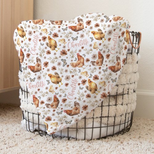 Custom Chicken Baby Name Blanket Personalized Boho Wildflower Swaddle Hospital Blanket New Mom Gift Newborn Baby Shower Gift Toddler Blanket