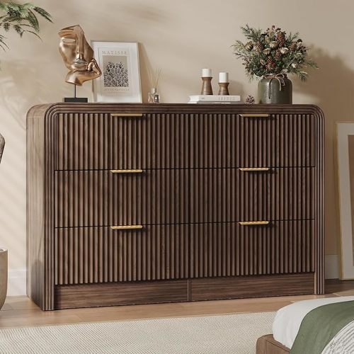 Decofy Fluted Drawers Dresser for Bedroom, Wood Dressers with Gold Handles, Modern Dressers with Wave Texture, Large Storage Chest of Drawers, Bedroom Dresser Organizer 55'' & 6 Drawers (Walnut)