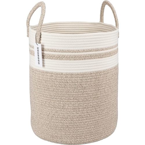 XUANGUO Cotton Rope Laundry Basket Hamper for Clothes Woven Storage Basket for Living Room Bedroom Boho Tall Rope Baskets for Blanket Toys Pillow Towels Baby Nursery Hamper Bin Large brown and white
