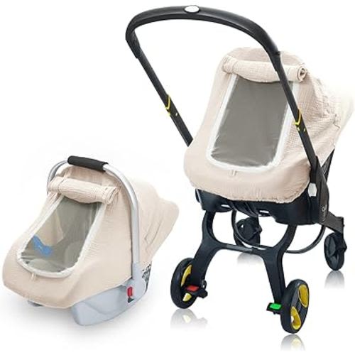 3 Layer Muslin Baby Car Seat Cover, Infant Car Seat Cover with Mesh Peep Window, Breathable Carseat Canopy for Winter, Windproof Carrier Cover with Privacy Sun Shade, Baby Stroller Weather Shields