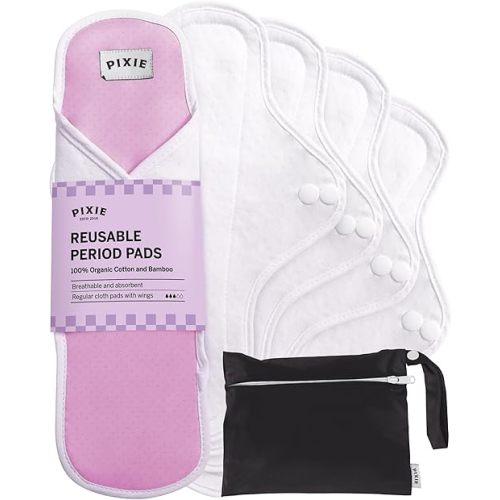 Pixie Cotton Cloth Pads - 100% Organic Reusable Cotton -Ranked 1 for Softest Menstrual Sanitary Napkins - Machine Washable & Includes Free Wet Bag - Menstrual Liner (Regular)