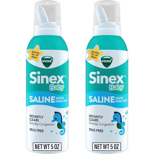 VICKS Sinex Baby Saline Nasal Spray, Drug Free Gentle Nasal Mist, Instantly Clears Everyday Stuffy Little Noses, Soothes & Hydrates, Safe For Daily Use, Gentle For All Ages, 5 OZ x 2