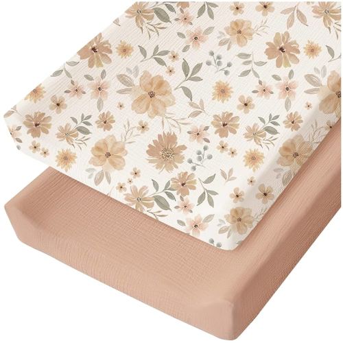 Konssy Muslin Changing Pad Cover for Baby Girls Boys, 100% Cotton Fitted Diaper Chang Table Covers, Soft Breathable Changing Pad Sheets, 2 Pack (Toffee,Flourish)