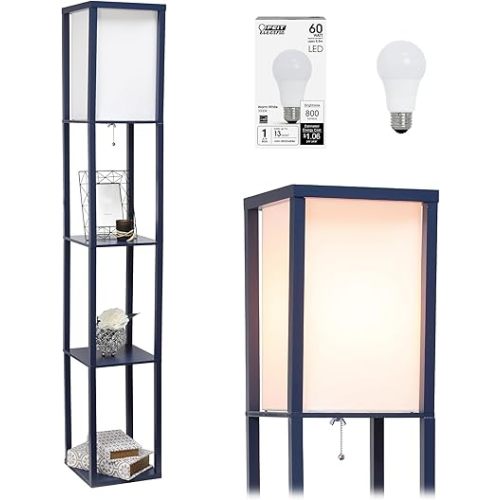 Simple Designs LF1014-NAV-LB Three Shelf Etagere Organizer Storage Floor Lamp with White Linen Shade for Living Room, Bedroom, Office, Hallway, Navy Blue, with Feit LED Bulb Included