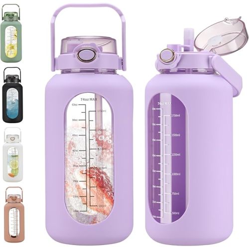 74 oz Glass Water Bolttles with Straw Large Motivational Water Bottle with Time Marker Sports Water Bottles with Silicone Sleeve and Handle Lid 2.2L Water Jug for Gym Workout