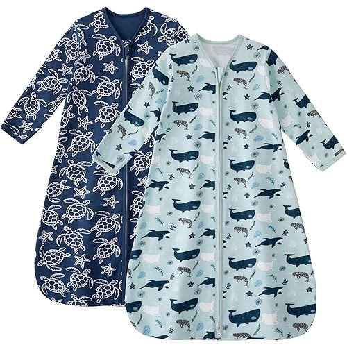 Baby Sleep Sack 0-6 Months 100% Cotton Long Sleeve Wearable Blanket Baby Sleep Bag with 2-Way Zipper 2 Pack 0.5 Tog Sleeping Sack for Newborn Infant Blue Turtle
