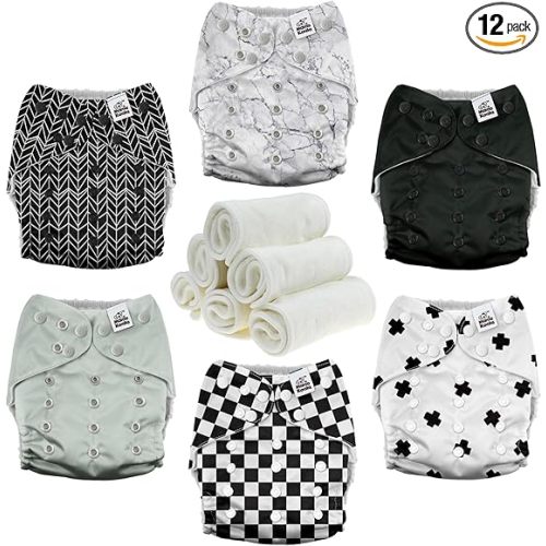 Mama Koala 3.0 Pocket Cloth Diapers for Babies with AWJ Lining, 6 Pack with 6 4-Layer Natural Cloth Diaper Inserts - Reusable and Washable Pocket Diapers (Black and White)