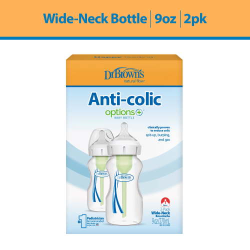 Dr. Brown's Anti-Colic Options + Wide-Neck Baby Bottle, 9 oz/270 ml, Level 1 Slow Flow, 0m +, 2-Pack