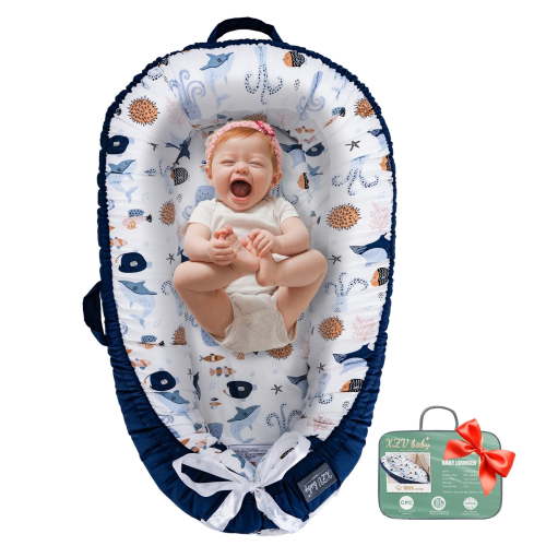 Baby Lounger for Newborn 0-24 Months, Infant Lounger with Breathable Soft Cotton Cover, Portable Baby Nest for Home & Travel, Lightweight Newborn Essentials Baby Shower Gifts(sea)