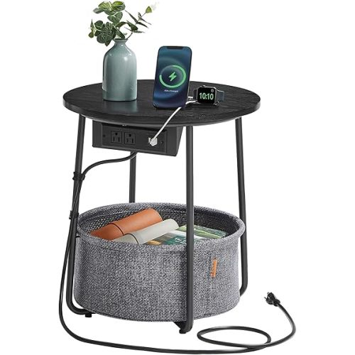VASAGLE Side Table with Charging Station, Round End Table With Fabric Basket, Nightstand with Power Outlets USB Ports, for Living Room, Bedroom, Modern, Ebony Black and Slate Gray ULET228B01