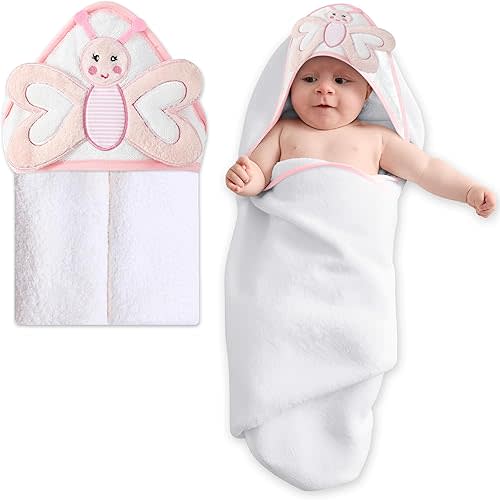 Mother's Choice Baby Hooded Towel - Large Size 33x33 Inch, 100% Cotton, Ultra-Soft & Absorbent Bath Towel for Newborns, Infants, Toddlers, Boys & Girls with Animal Hood (Butterfly)
