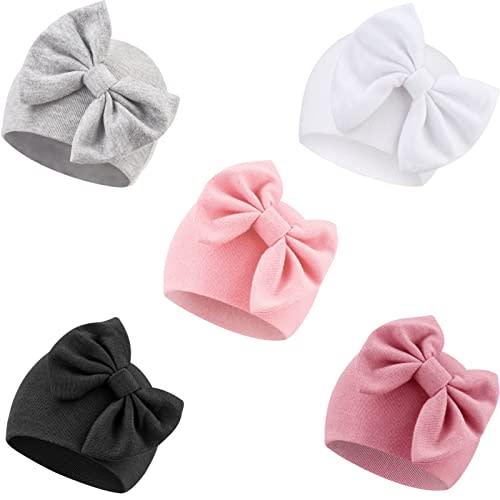 AQOKKA Newborn Baby Girl Hats with Bow Cotton Toddler Infant Beanie Cap Newborn Hospital Hats for Baby Girl Kid 0-24 Months