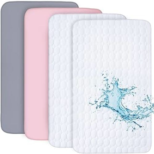 Crib Sheets and Waterproof Crib Mattress Protector 4 Pack Set,Waterproof Crib Sheets Mattress Pad Cover for Baby Boys and Girls, Grey&Pink