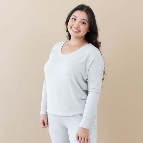 Women's Ribbed Long Sleeve Drop Shoulder Top in Oat