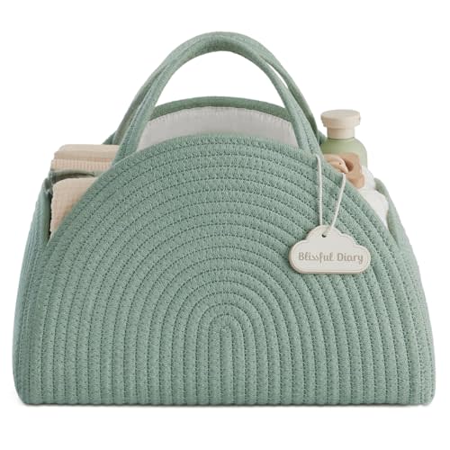 Blissful Diary Baby Diaper Caddy Organizer, Cotton Rope Diaper Caddy Basket, Large Storage Basket for Newborn Boys and Girls, Gift for Baby Shower List, Newborn Essentials, Roman Green