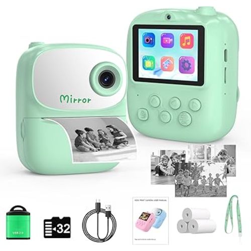 Kids Camera Instant Print for Kids with Mirror, HD Dual-Lens Selfie Digital Camera with 3 Rolls Print Paper & 32GB Card, Holiday Birthday Gifts Toys for Girls Boys Toddler. (Green)