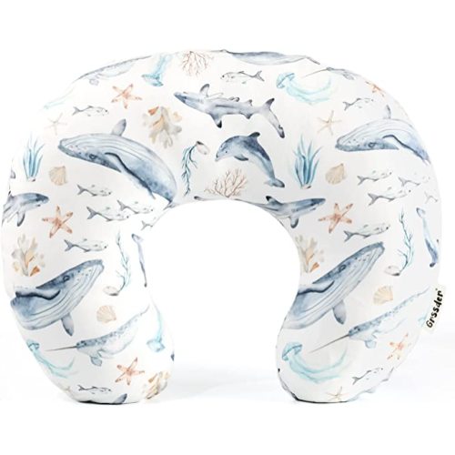 GRSSDER Nursing Pillow Cover Stretchy Minky Removable Nursing Covers for Breastfeeding Pillows, Ultra Soft Comfortable Slipcover for Baby Girls and Boys, Whale Sea World Pattern - Gray