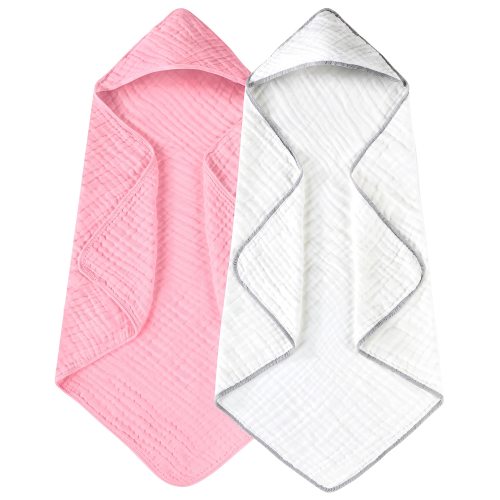 2 Pack Hooded Baby Towels - 100% Muslin Cotton for Newborns, Infants, Toddlers - Large 32x32Inch Size - Highly Absorbent and Essential for Newborn Care