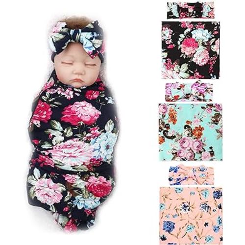 DRESHOW BQUBO Newborn Floral Receiving Blankets 3 Sets Newborn Baby Swaddling with Bow Headbands Sleepsack Toddler Warm