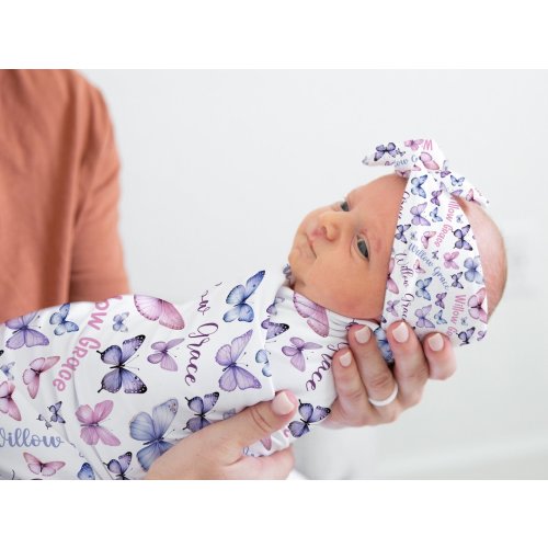 PERSONALIZED BUTTERFLY SWADDLE, Baby Girl Swaddle Set Butterflies, Butterfly Swaddle Blanket, Knotted Hat Infant Headband, Girl Name Swaddle