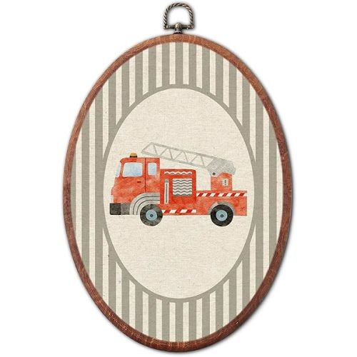 Vintage Fire Engine Nursery Oval Wall Art Framed, Grey Striped Framed Canvas Prints, Unique Retro Boy or Girl Gift Hanging Wall Decor for Kids Toddler Room Bedroom Playroom, 8.6x11.4 Inch