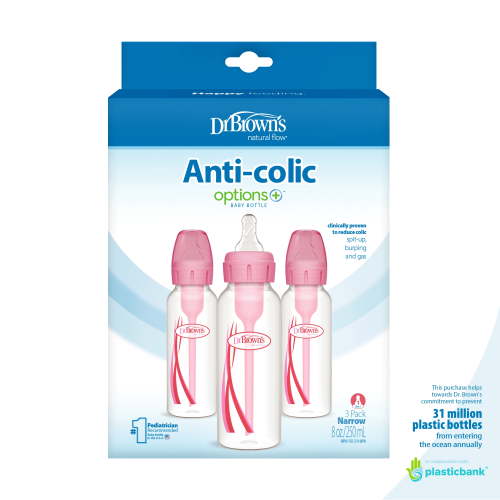 Dr. Browns Natural Flow Anti-Colic Options+ Narrow Baby Bottle, Pink, 8oz, Slow Flow, 0m+, 3 Pack