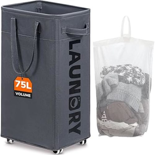 CHICVITA Rolling Laundry Basket with Wheels,75L Large Collapsible Laundry Hamper with Removable Wash Bag Space for Corner Dorms, Grey