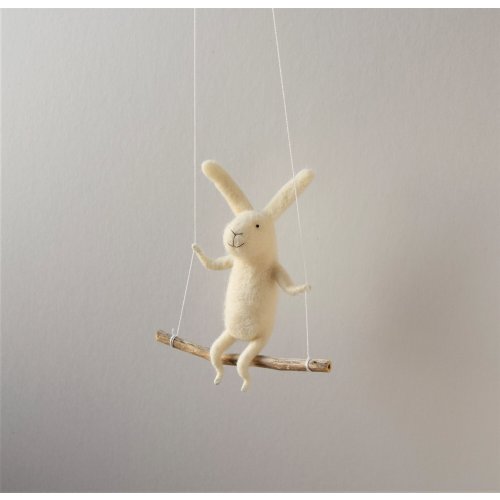 White bunny on swing, Felted Animal, Felted Bunny, Bunny Mobile,Baby Crib Mobile, Nursery Decor