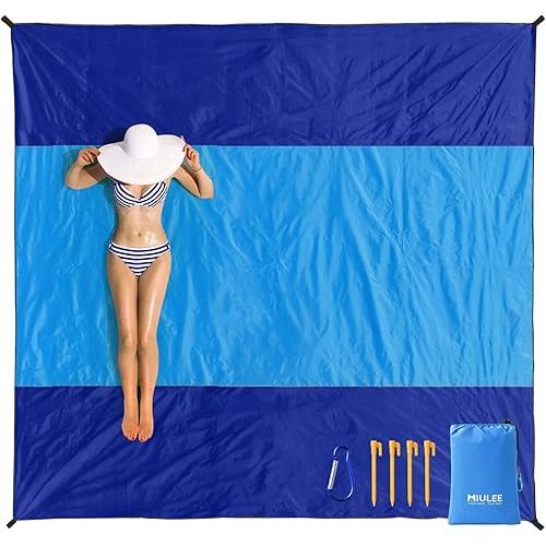 MIULEE Beach Blanket Waterproof Sandproof, Extra Large 110" x 114" Beach Mat Oversized for 5-8 Adults, Portable Lightweight Outdoor Blanket with 4 Corner Pockets for Hiking, Picnic, Travel, Camping