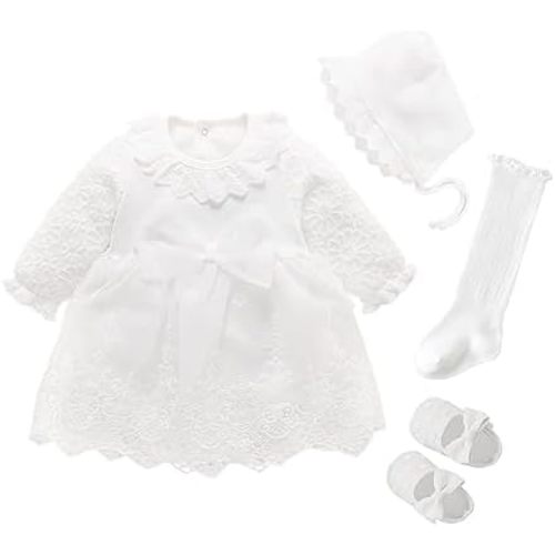 Newborn Baby Girl Dress 0 3 6 Months Infant Pink White Baptism Outfit Party Dresses Hat Shoes Set