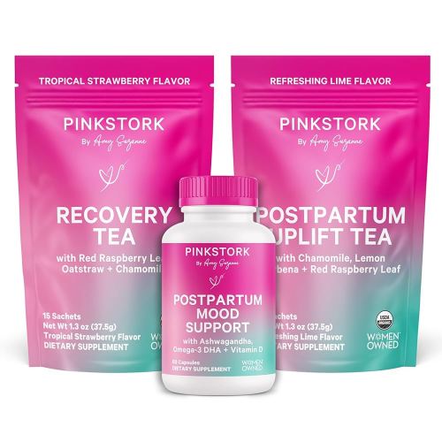 Pink Stork Postpartum Essentials for Hormone Balance, Recovery, and Mood Support for Women - Postnatal Vitamins with Ashwagandha, Raspberry Leaf Tea, and Chamomile Tea - Gifts for New Mom - Set of 3