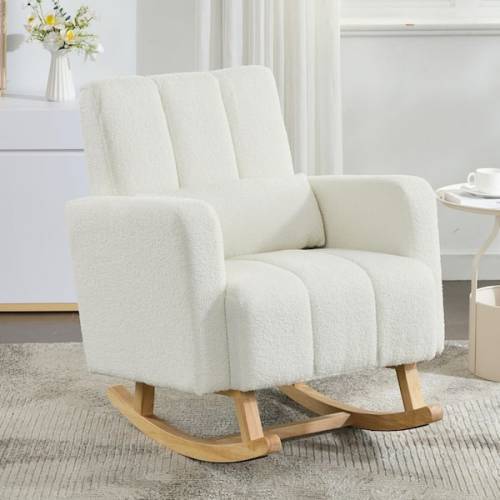 Stow Modern Cream White Teddy Velvet Fabric Upholstery Accent Arm Chair, Solid Wood Base Rocking Chair with Pillow