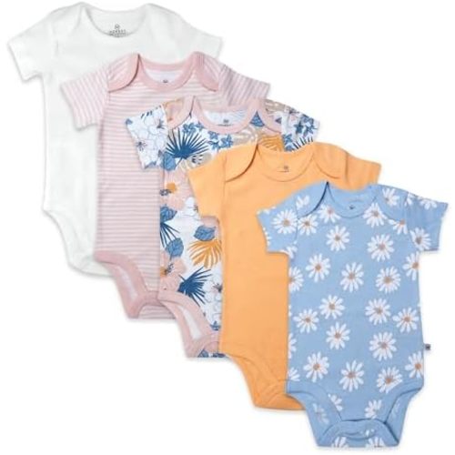 HonestBaby baby-girls 5-pack Short Sleeve Bodysuits One-piece 100% Organic Cotton for Infant Baby Girls