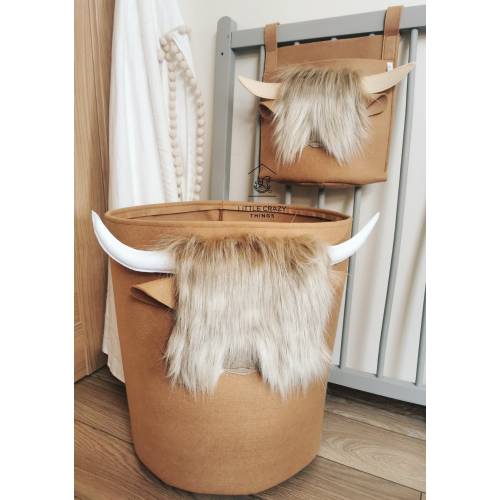 Scottish highland cow handmade felt toys storage, large basket ranch life, mountain theme