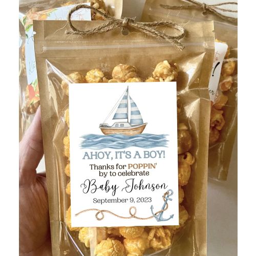 Ahoy It's A Boy Nautical Baby Shower Favors Ready to Pop Popcorn Treat Candy Bags Sailboat Ocean Theme Shower Gifts Custom Guest Gifts Bulk