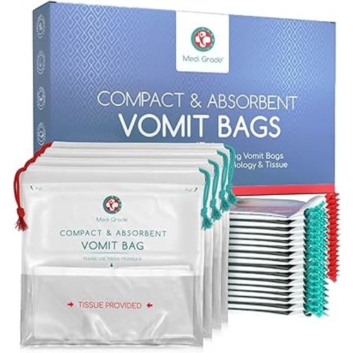 Medi Grade Absorbent Vomit Bags Disposable for Adults and Kids, 22pcs - Travel Essentials Leakproof Barf Bags with Tissues Turn Vomit to Gel and Prevent Odor - Purse Essential Travel Size Sick Bags