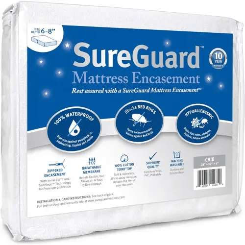 Crib Size SureGuard Mattress Encasement - 100% Waterproof, Bed Bug Proof, Hypoallergenic - Premium Zippered Six-Sided Cover