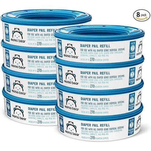 Amazon Brand - Mama Bear Diaper Pail Refills for Genie Pails, Unscented, 2160 Count (8 Packs of 270)