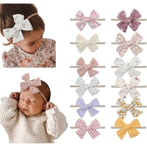 Baby Girls Floral Hair Bow Headbands 12 PCS, Flower Bow Stretchy Elastic Hairband for Newborn Infant Toddlers (pink NB 12 pcs)