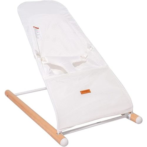 Childhome Evolux Baby Bouncer, Portable Baby Lounger with Natural Beechwood, Lightweight Baby Chair, Breathable Mesh Adapts to Baby's Body, Baby Essentials (White)
