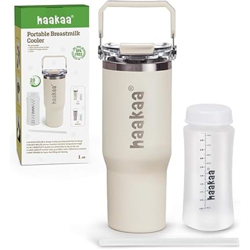 haakaa Portable Breastmilk Cooler 30oz/900ml, Up to 20 Hours of On-the-go Cooling, Larger Capacity Breast Milk Chiller with a 300ml Inner Breastmilk Storage Bottle & Leakproof Lid with Straw & Sip