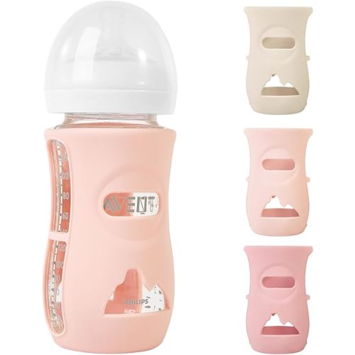 3 Pack Silicone Sleeves for Philips Avent Natural Glass Baby Bottles, Anti Breakage Baby Bottle Holder for Baby Girls, Compatible with Philips Avent Glass Natural Baby Bottle, 8 oz