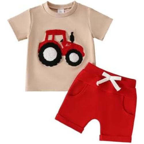 Toddler Baby Boy Summer Clothes Embroidered Farm Tractor Shirt and Short Set 2-Piece Outfits for Boys