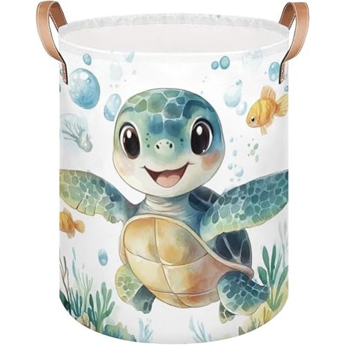 Ocean Theme Laundry Basket for Boys - Fish Sea Turtle Kids Laundry Hamper with Handles - Collapsible Tall Clothes Hamper Storage Organizer Bin for Bedroom Bathroom Nursery Decor, 20.8" x 16"