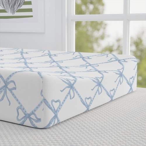 Blue and White Ribbon Baby Changing Pad Cover, Blue & White Bow, Chinoiserie Nursery Changing Pad Cover, Preppy Baby Grandmillenial Nursery