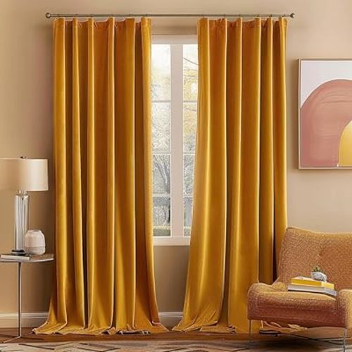 MIULEE Velvet Curtains 108 inches Long 2 Panels - Luxury Blackout Curtains for Bedroom Living Room Thermal Insulated Fall Decor Super Soft Window Drapes Rod Pocket & Back Tab, Mustard Yellow