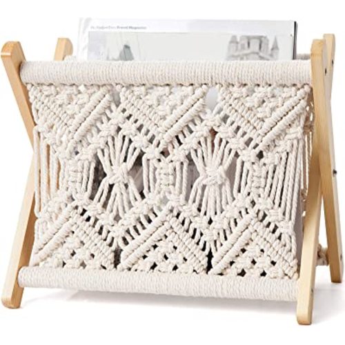 Mkono Macrame Magazine Rack Boho Storage Holder Standing Basket for Books, Newspapers, Swaddle Blanket, Dorm Essentials, Living Room, Bathroom, Office, Nursery, Home Decor, Small Size, 11.2”L x 7.5”W